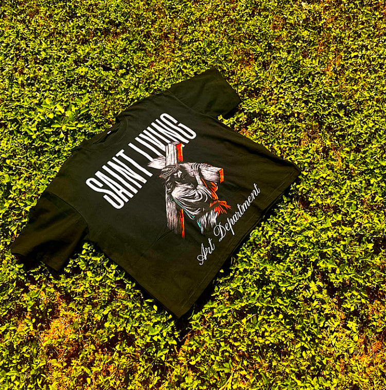 Black Crop Saint Living Heavy weight Tee